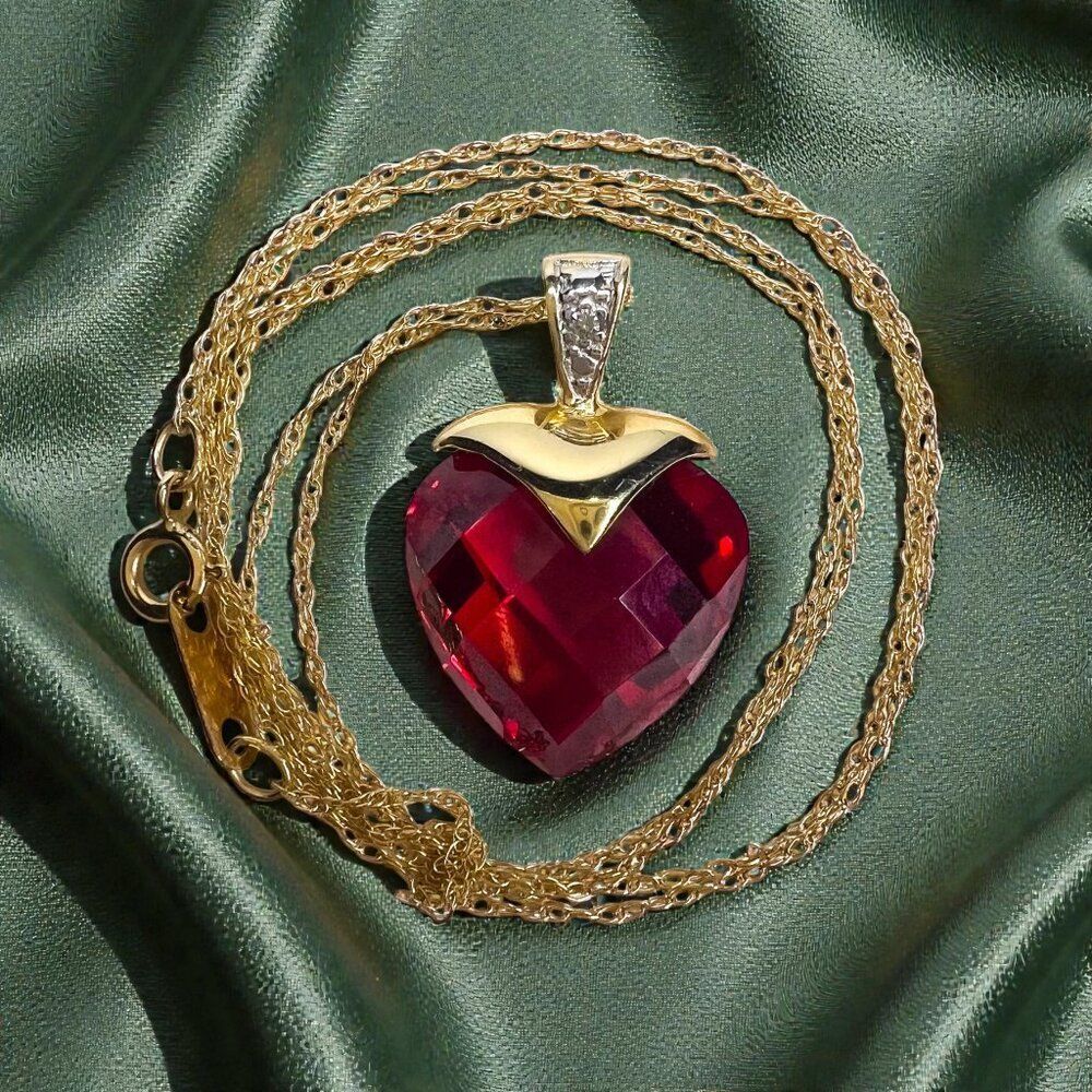10k Gold Ruby Diamond Necklace 16" BIG 13mm Heart Briolette -Red Ruby -3.2g